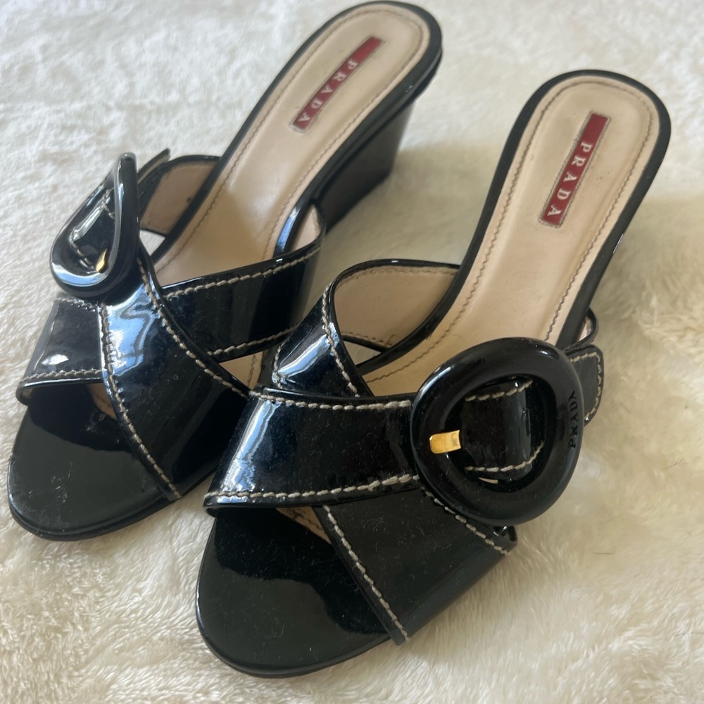 Vintage Prada Mules. Black Patent Leather